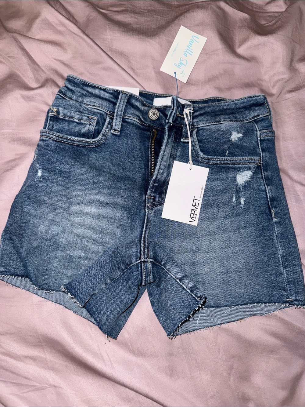 VERVET BY FLYING MONKEY Medium Blue Distressed High-Rise Denim Shorts